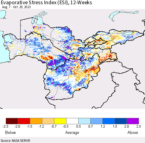 Central Asia Evaporative Stress Index (ESI), 12-Weeks Thematic Map For 10/23/2023 - 10/29/2023