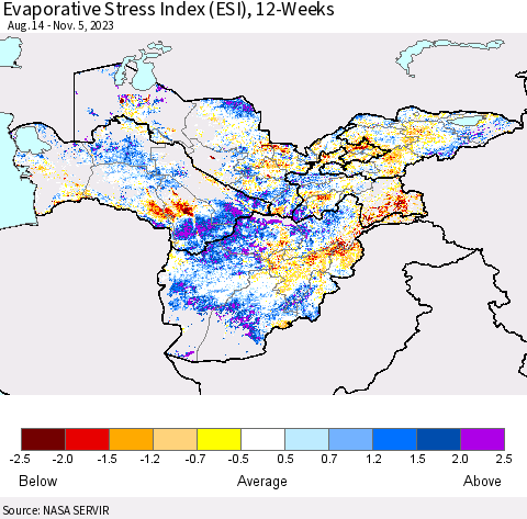 Central Asia Evaporative Stress Index (ESI), 12-Weeks Thematic Map For 10/30/2023 - 11/5/2023