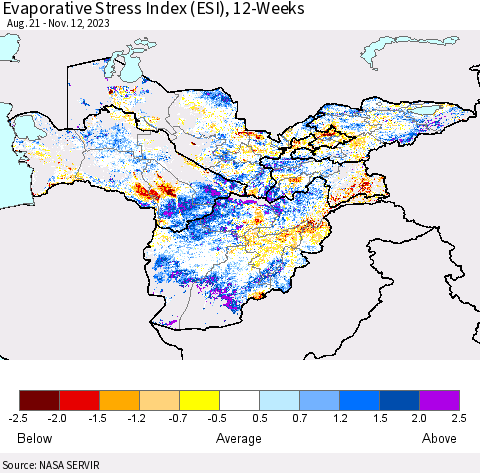 Central Asia Evaporative Stress Index (ESI), 12-Weeks Thematic Map For 11/6/2023 - 11/12/2023