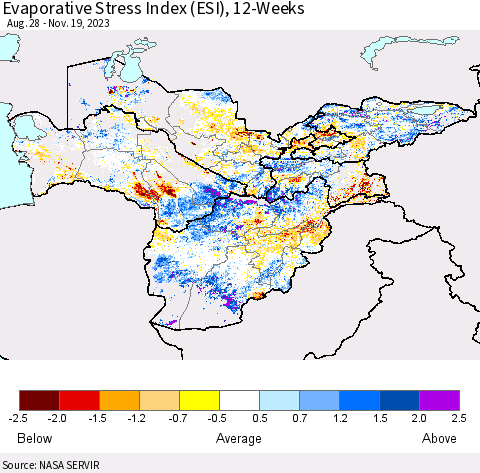 Central Asia Evaporative Stress Index (ESI), 12-Weeks Thematic Map For 11/13/2023 - 11/19/2023