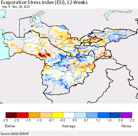 Central Asia Evaporative Stress Index (ESI), 12-Weeks Thematic Map For 11/20/2023 - 11/26/2023