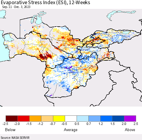 Central Asia Evaporative Stress Index (ESI), 12-Weeks Thematic Map For 11/27/2023 - 12/3/2023