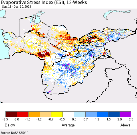 Central Asia Evaporative Stress Index (ESI), 12-Weeks Thematic Map For 12/4/2023 - 12/10/2023