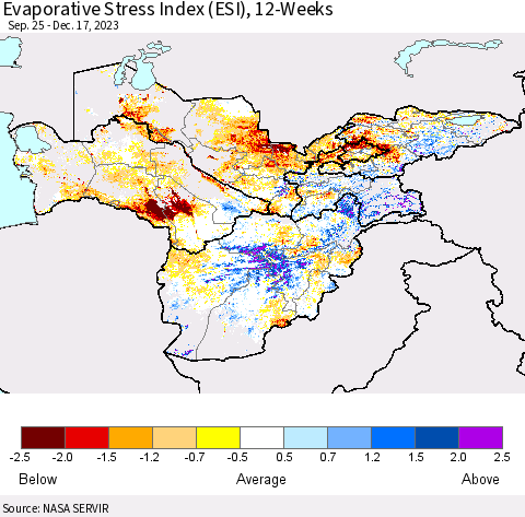 Central Asia Evaporative Stress Index (ESI), 12-Weeks Thematic Map For 12/11/2023 - 12/17/2023
