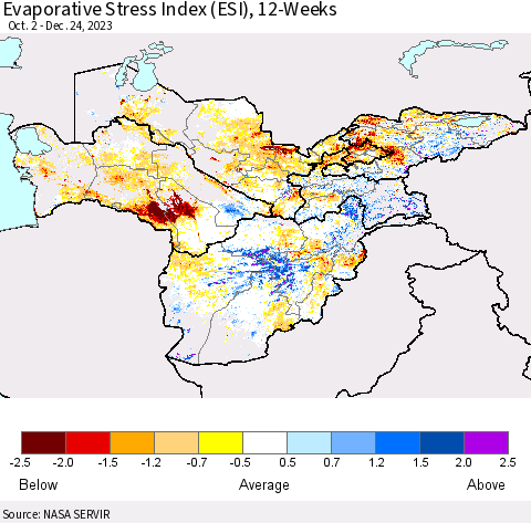 Central Asia Evaporative Stress Index (ESI), 12-Weeks Thematic Map For 12/18/2023 - 12/24/2023