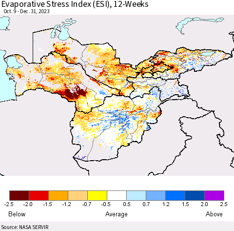 Central Asia Evaporative Stress Index (ESI), 12-Weeks Thematic Map For 12/25/2023 - 12/31/2023