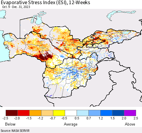 Central Asia Evaporative Stress Index (ESI), 12-Weeks Thematic Map For 1/1/2024 - 1/7/2024
