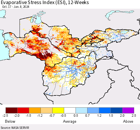 Central Asia Evaporative Stress Index (ESI), 12-Weeks Thematic Map For 1/8/2024 - 1/14/2024