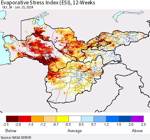 Central Asia Evaporative Stress Index (ESI), 12-Weeks Thematic Map For 1/15/2024 - 1/21/2024
