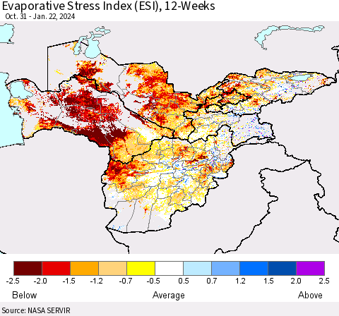 Central Asia Evaporative Stress Index (ESI), 12-Weeks Thematic Map For 1/22/2024 - 1/28/2024