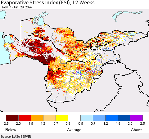 Central Asia Evaporative Stress Index (ESI), 12-Weeks Thematic Map For 1/29/2024 - 2/4/2024