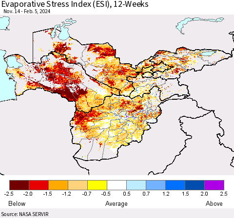 Central Asia Evaporative Stress Index (ESI), 12-Weeks Thematic Map For 2/5/2024 - 2/11/2024