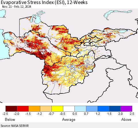 Central Asia Evaporative Stress Index (ESI), 12-Weeks Thematic Map For 2/12/2024 - 2/18/2024