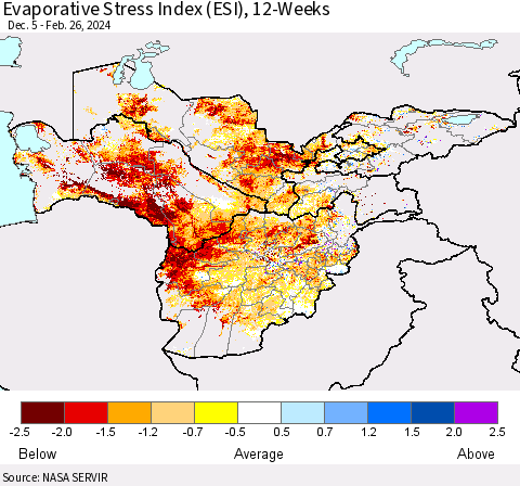 Central Asia Evaporative Stress Index (ESI), 12-Weeks Thematic Map For 2/26/2024 - 3/3/2024