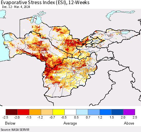 Central Asia Evaporative Stress Index (ESI), 12-Weeks Thematic Map For 3/4/2024 - 3/10/2024
