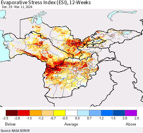Central Asia Evaporative Stress Index (ESI), 12-Weeks Thematic Map For 3/11/2024 - 3/17/2024