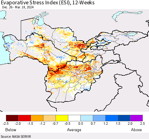 Central Asia Evaporative Stress Index (ESI), 12-Weeks Thematic Map For 3/18/2024 - 3/24/2024