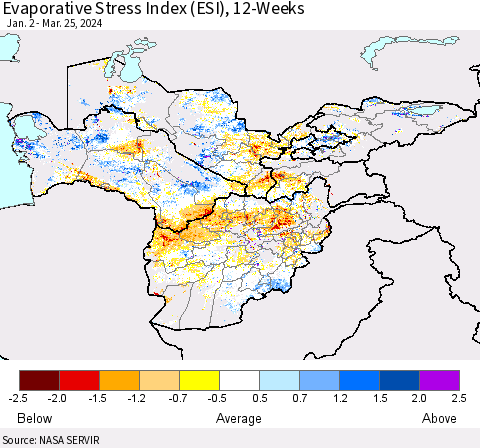 Central Asia Evaporative Stress Index (ESI), 12-Weeks Thematic Map For 3/25/2024 - 3/31/2024