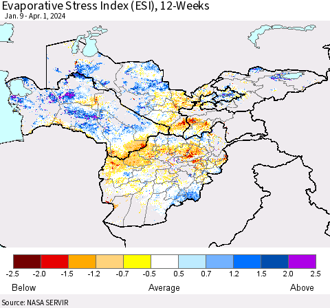 Central Asia Evaporative Stress Index (ESI), 12-Weeks Thematic Map For 4/1/2024 - 4/7/2024