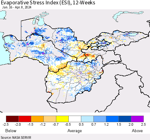 Central Asia Evaporative Stress Index (ESI), 12-Weeks Thematic Map For 4/8/2024 - 4/14/2024