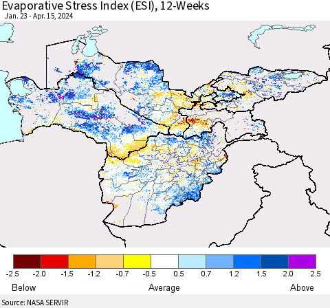 Central Asia Evaporative Stress Index (ESI), 12-Weeks Thematic Map For 4/15/2024 - 4/21/2024