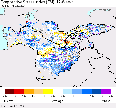 Central Asia Evaporative Stress Index (ESI), 12-Weeks Thematic Map For 4/22/2024 - 4/28/2024