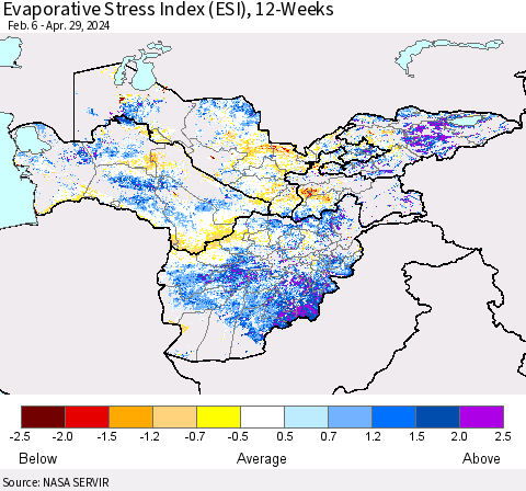 Central Asia Evaporative Stress Index (ESI), 12-Weeks Thematic Map For 4/29/2024 - 5/5/2024