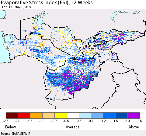 Central Asia Evaporative Stress Index (ESI), 12-Weeks Thematic Map For 5/6/2024 - 5/12/2024