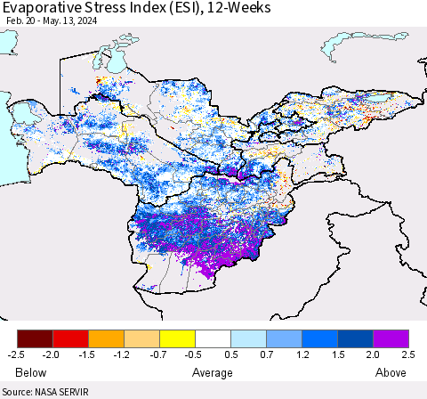 Central Asia Evaporative Stress Index (ESI), 12-Weeks Thematic Map For 5/13/2024 - 5/19/2024
