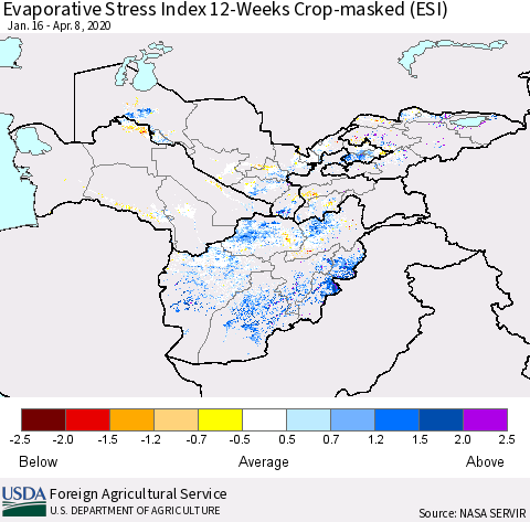 Central Asia Evaporative Stress Index (ESI), 12-Weeks over Croplands Thematic Map For 4/6/2020 - 4/12/2020