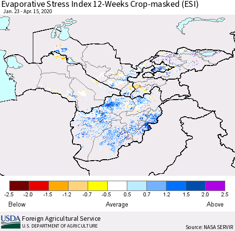 Central Asia Evaporative Stress Index (ESI), 12-Weeks over Croplands Thematic Map For 4/13/2020 - 4/19/2020
