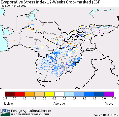 Central Asia Evaporative Stress Index (ESI), 12-Weeks over Croplands Thematic Map For 4/20/2020 - 4/26/2020