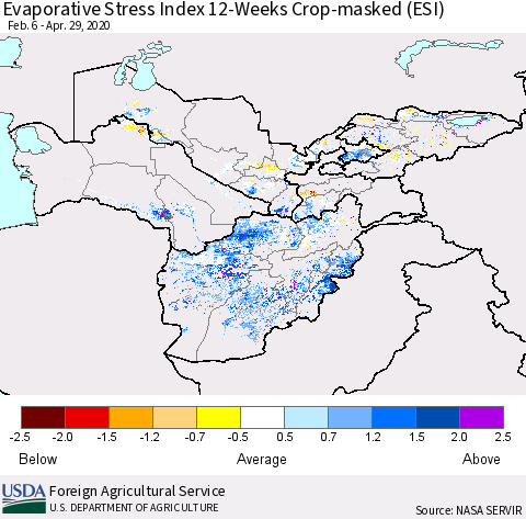 Central Asia Evaporative Stress Index (ESI), 12-Weeks over Croplands Thematic Map For 4/27/2020 - 5/3/2020