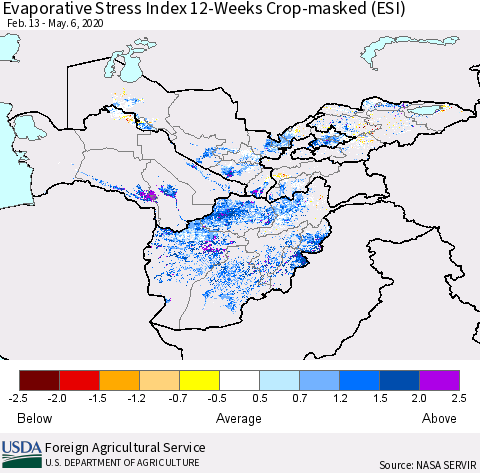 Central Asia Evaporative Stress Index (ESI), 12-Weeks over Croplands Thematic Map For 5/4/2020 - 5/10/2020