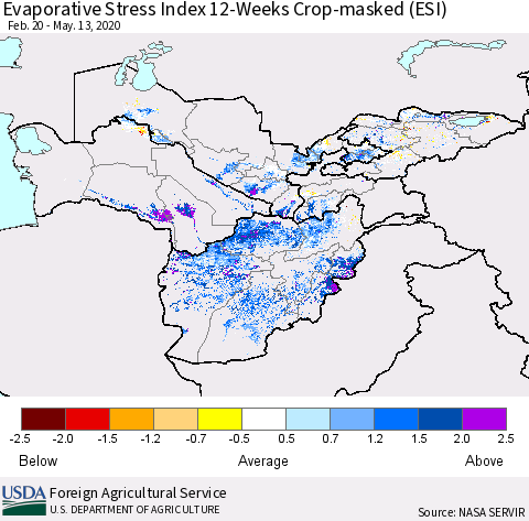 Central Asia Evaporative Stress Index (ESI), 12-Weeks over Croplands Thematic Map For 5/11/2020 - 5/17/2020