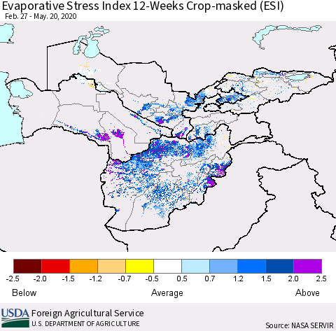 Central Asia Evaporative Stress Index (ESI), 12-Weeks over Croplands Thematic Map For 5/18/2020 - 5/24/2020