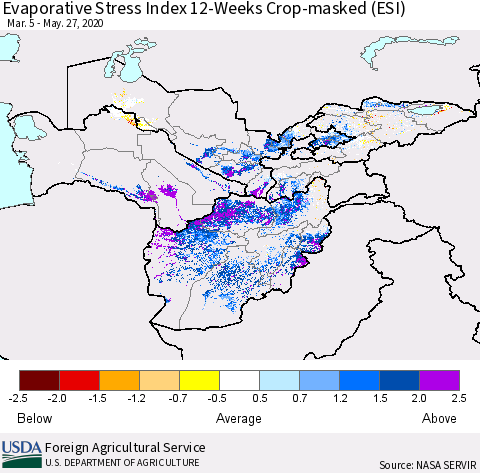Central Asia Evaporative Stress Index (ESI), 12-Weeks over Croplands Thematic Map For 5/25/2020 - 5/31/2020