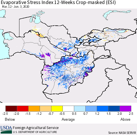 Central Asia Evaporative Stress Index (ESI), 12-Weeks over Croplands Thematic Map For 6/1/2020 - 6/7/2020