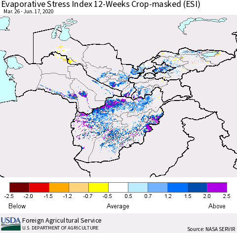 Central Asia Evaporative Stress Index (ESI), 12-Weeks over Croplands Thematic Map For 6/15/2020 - 6/21/2020