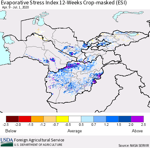Central Asia Evaporative Stress Index (ESI), 12-Weeks over Croplands Thematic Map For 6/29/2020 - 7/5/2020