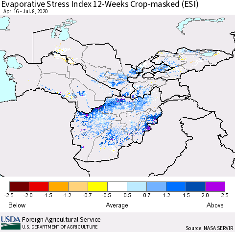 Central Asia Evaporative Stress Index (ESI), 12-Weeks over Croplands Thematic Map For 7/6/2020 - 7/12/2020