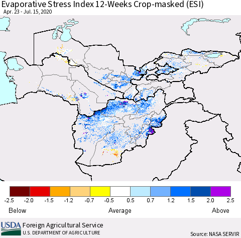 Central Asia Evaporative Stress Index (ESI), 12-Weeks over Croplands Thematic Map For 7/13/2020 - 7/19/2020