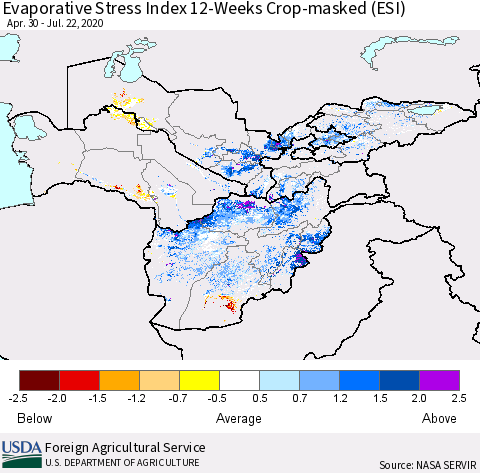 Central Asia Evaporative Stress Index (ESI), 12-Weeks over Croplands Thematic Map For 7/20/2020 - 7/26/2020