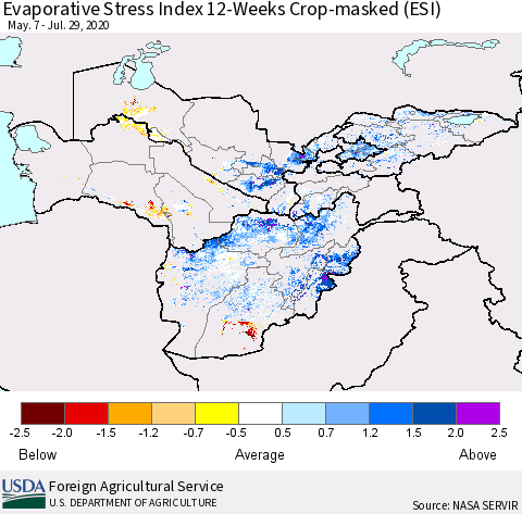 Central Asia Evaporative Stress Index (ESI), 12-Weeks over Croplands Thematic Map For 7/27/2020 - 8/2/2020