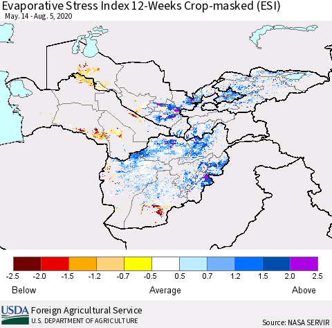 Central Asia Evaporative Stress Index (ESI), 12-Weeks over Croplands Thematic Map For 8/3/2020 - 8/9/2020