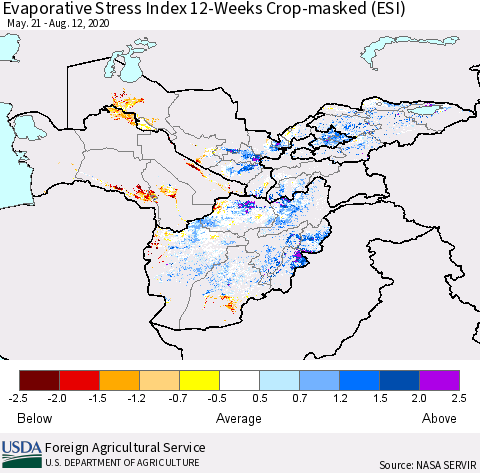 Central Asia Evaporative Stress Index (ESI), 12-Weeks over Croplands Thematic Map For 8/10/2020 - 8/16/2020