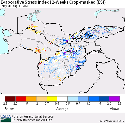 Central Asia Evaporative Stress Index (ESI), 12-Weeks over Croplands Thematic Map For 8/17/2020 - 8/23/2020
