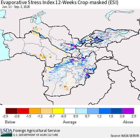 Central Asia Evaporative Stress Index (ESI), 12-Weeks over Croplands Thematic Map For 8/31/2020 - 9/6/2020