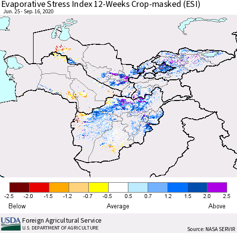 Central Asia Evaporative Stress Index (ESI), 12-Weeks over Croplands Thematic Map For 9/14/2020 - 9/20/2020