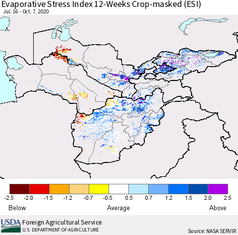 Central Asia Evaporative Stress Index (ESI), 12-Weeks over Croplands Thematic Map For 10/5/2020 - 10/11/2020